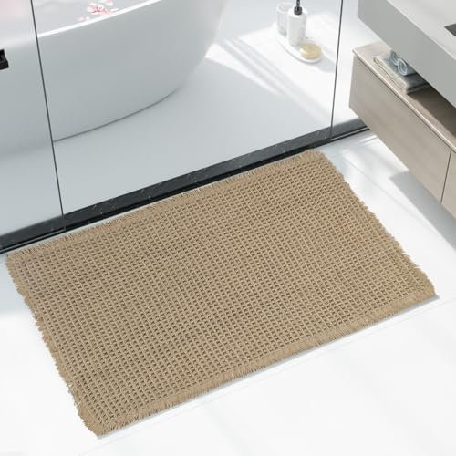 AIBIIN 18x30 Brown Waffle Bath Mat Super Absorbent Non Slip Bathroom Rug Machine Washable Rubber Backed Bath Mats for Living Room Bathroom Doormat