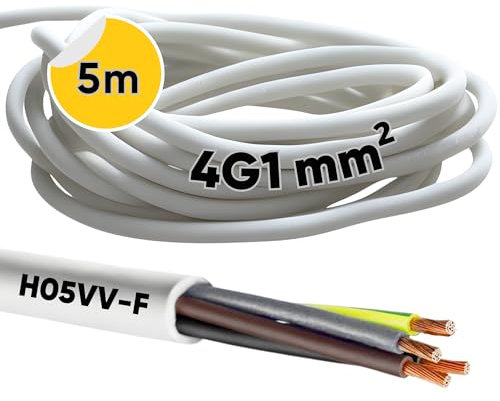 Câble Kalitec H05VV-F de 5 m - 4 x 1 mm² - Alimentation 4G1 mm² - Protection - PVC intérieur - Électrique blanc - Flexible - 4 fils