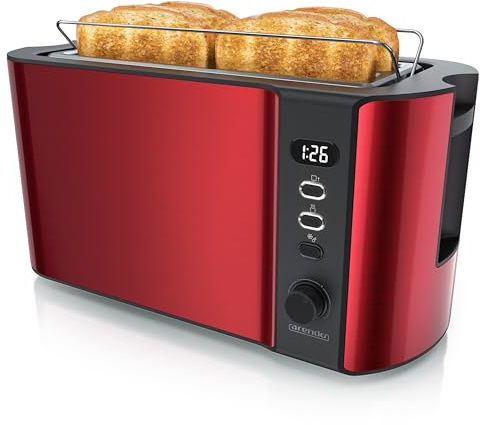 Arendo - Toaster 4 Scheiben Langschlitz Edelstahl - Defrost Funktion - wärmeisolierendes Gehäuse - mit integrierten Brötchenaufsatz - 1500W - Krümelschublade - Display mit Restzeitanzeige - Rot