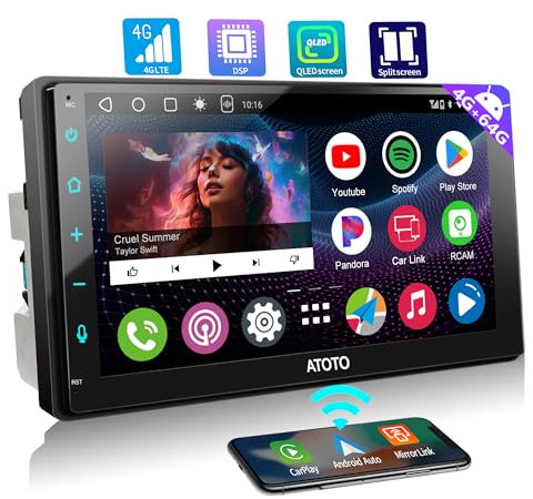 [4G LTE WiFi] ATOTOZONE A6 7 4G+64G Android Autoradio 2 Din Récepteurs multimédia, Écran Tactile QLED, CarPlay sans Fil, Android Auto sans Fil, Dual Bluetooth, MirrorLink, A6G2B7PL