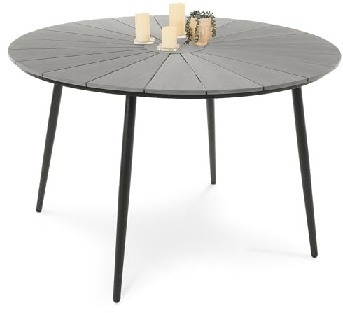 di volio Gartentisch rund 120 cm aus Aluminium Holzoptik wetterfest Palermo | Für 6 Personen, Nivellierfüße, 150 kg belastbar, Kunstholzplatte, pflegeleicht, Terrasse, Balkon, Gartenlaube