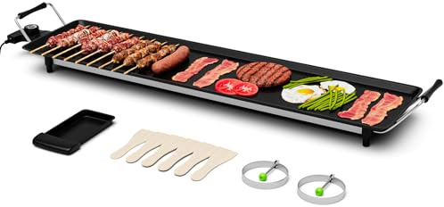 GiantexUK Teppanyaki Grill Table, 1800W Non-Stick Electric Barbecue Griddle with 6 Wooden Shovels and 2 Egg Rings, Adjustable Temperature Electric BBQ Hot Plate for Indoor Ourdoor (90 x 23 cm)