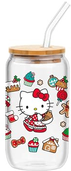 Silver Buffalo Sanrio Hello Kitty Holiday - Bicchiere in vetro con coperchio in bambù e cannuccia in vetro, 470 ml