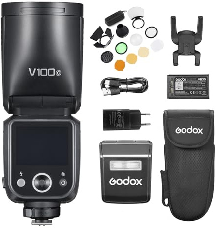 Godox V100C Camera Flash with AK-R1 Kit 100Ws Round Head TTL Speedlite with Touch Screen, Built-in LED Modeling Lamp, Sub Flash, Lithium Battery Replacement for Canon R10 R8 R7 R6 R6 | Wireless flash, 400 flash, HSS at 1/8000s, 2980mAh battery, 1.7 seconds charging time, built-in 3300K LED light