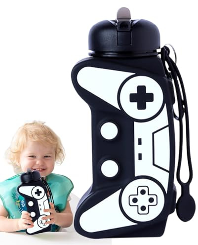Bkljkf Bottiglia di acqua pieghevole per bambini, bottiglia pieghevole per viaggi, bottiglia d'acqua in silicone, a forma di manico per il gioco, a prova di perdite, da viaggio riutilizzabile