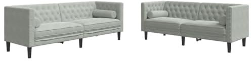 Generisch Kangmusi 2-TLG. Chesterfield-Sofa-Set mit Nackenrollen Hellgrau Samt, Grau 3209291