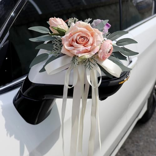 2 Stück Hochzeit Autoschmuck, Hochzeit Autoschleifen, Vintage Hochzeits Künstliche Blume mit Saugnäpfen für Auto Rückspiegel (Champagner)