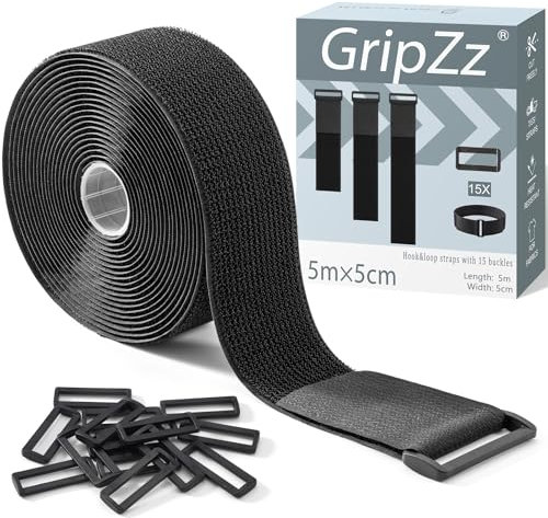 GripZz Cinghia Resistenti Fascette Cavi Cinghie di fissaggio Gancio e Cappio 5 M x 5 CM con 15 Fibbie, Regolabili, Tagliabili a Misura, Riutilizzabili per Fissare Cavi, Tubazioni, Tubi e Molto Altro
