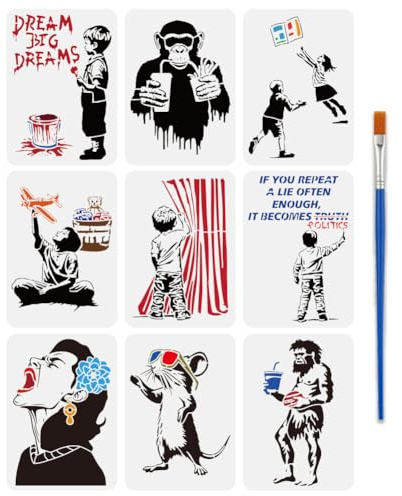 FINGERINSPIRE 9 Pz Stencil per Pittura Banksy con Pennello 29.7x21cm Occhiali da Sole Ratto Graffiti Ragazzo Scimmia Fast Food Cattura Libri Gioco Stencils di Disegno BIG DREAMS Donna Urlante Stencil