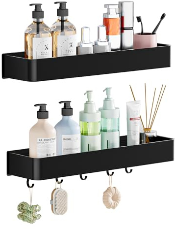 Wisfame Duschablage ohne Bohren, Schnell Trocknende Duschregal mit Großer Kapazität, Aluminium Shampoo Halterung, Schwarz Badezimmer Organizer, 2 Stück