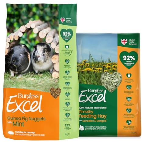 Burgess Excel 3KG Guinea Pig Food & 1KG Feeding Hay Bundle – Guinea Pig Nuggets and Dandelion & Marigold Feeding Hay for Guinea Pigs – Dust Extracted Hay & Guinea Pig Pellets