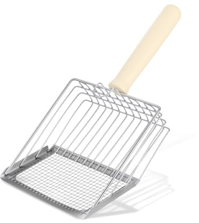 Ptwola Katzenstreuschaufel aus Metall Kitty Schnell Siebende Metallschaufel Tiefe Schaufel Sieb Langlebig Robust Kätzchenkot Heber Kotsieb mit Handlichem Langer Holzgriff für Besitzer Mehrerer Katzen