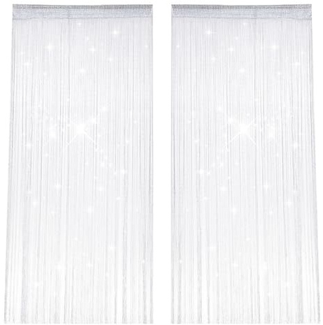 2 Stück Fadenvorhänge, 100 X 200 cm Blinkend Vorhang Balkontür, Weiß Streifenvorhang, Außentür Fadenvorhang Insektenschutz, Raumteiler Türvorhang, Geeignet für Hochzeit, Café, Fensterdekoration