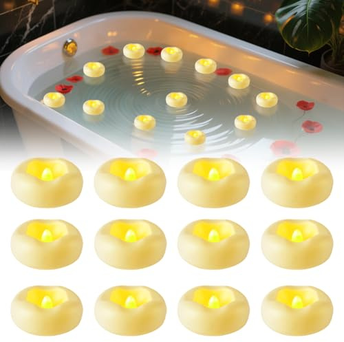 Fouvin Velas flotantes, 12 unidades de velas flotantes LED de 5,8 cm, velas flotantes impermeables de color blanco cálido que funcionan con pilas para piscinas, baños y bodas