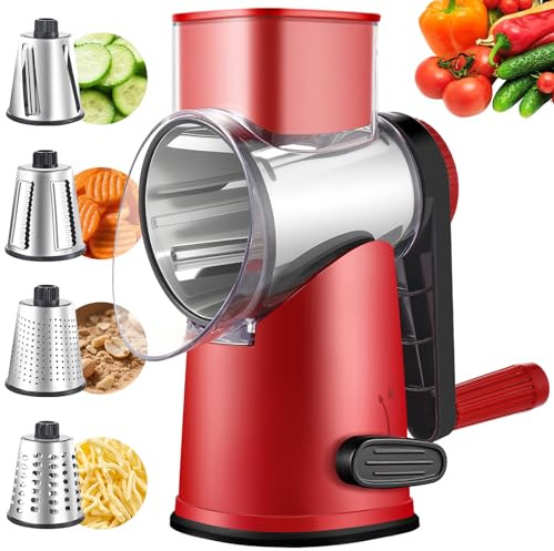 Weltonhm Rotary Cheese Graters with 4 Blades, Large Hand Crank Cheese Grater with Waffle Slicer, Red Cheese Shredder with Suction Base, Easier for Shredding & Grating (Red and black, 4 Graters)