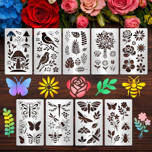 TWINKLEMON Metall-Schablonen mit Blumen und Insekten, Holz-Schablonen zum Basteln, wiederverwendbar, gemischte Vorlagen, Schablone für DIY, Malen, Zeichnen, Planer, Gravur, Scrapbooking, Tagebuch, 9