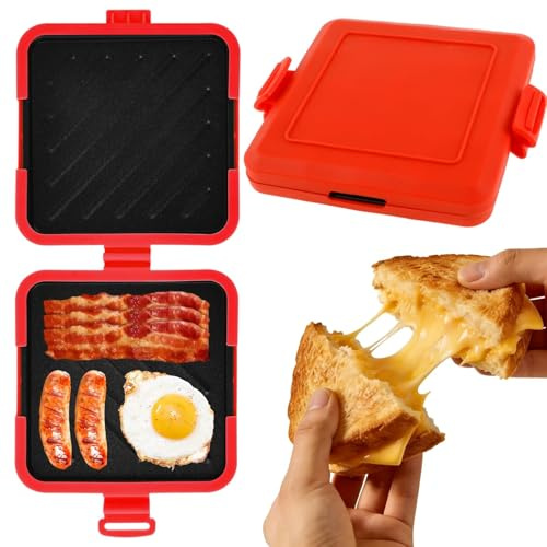 Microwave Toastie Maker, Non-Stick Microwave Sandwich Maker with Heat Resistant Silicone Sleeve, Oven Safe Panini Press for Sandwiches, Bagels & Paninis, Ideal for Family Breakfasts (Red)