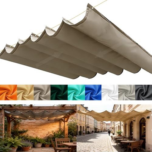 Utdragbart vågigt solskydd, vågigt markistak med öljetter och rep, justerbart skuggskydd solskydd vattentätt utomhuspergola för trädgård uteplats gräsmatta-Khaki||200x400cm