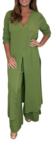 Byxdress dam, festlig, elegant, 2 delar, bröllop, stora storlekar, kvällsdräkt | Tvådelad enfärgad festlig outfit, kortärmad V-ringad topp och vida ben, byxor, fritidskläder, vardagskläder