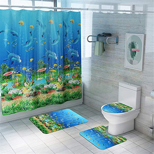 Enhome 4 Pcs Ensemble Rideau de Douche Salle de Bain Tapis Contour WC Tapis de Bain Antidérapant Couvre Couverture de Toilette Siège - Monde des Fonds Marins (Poisson)
