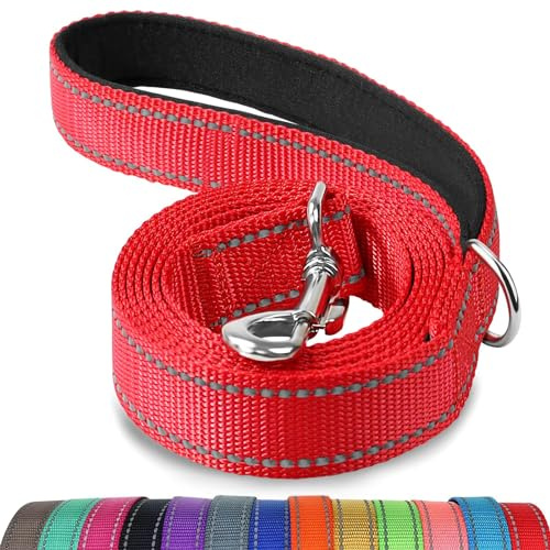 Joytale Hundkoppel med vadderat handtag, dubbelsidig reflekterande nylon hundkoppel för träning, promenadkoppel för små, medelstora hundar, 1,8 m × 2 cm, rött