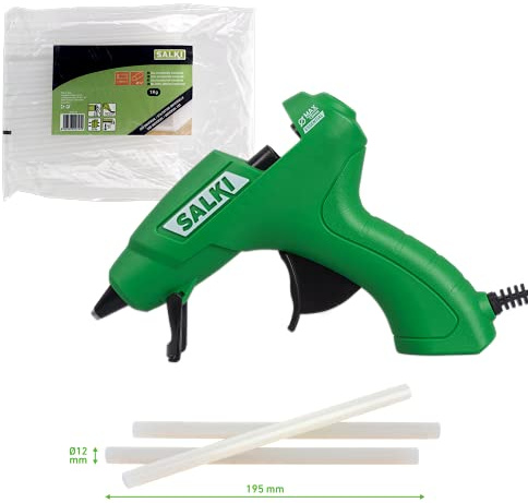 SALKI Pack Pistola de Encolar 40W - Aplicador de Silicona Caliente con Soporte y Sistema de Comfort + Bolsa de 1Kg de Barras de Cola Tranlúcida de 11,5mm de Diámetro