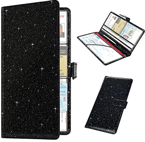RSAquar Car Registration and Insurance Holder, Vehicle Glove Box Organizer Cool Car Accessories, Auto Truck Document Holder for Cards, Driver License, Black Glitter