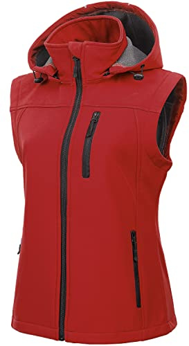 CREATMO US Damen Leichte Softshellweste Oberbekleidung Windbreaker Ärmellose Jacke mit abnehmbarer Kapuze, Rot/Ausflug, einfarbig (Getaway Solids), XXL