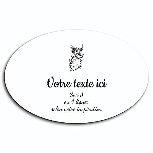 OCAP-FUNERAIRE.COM Gedenktafel Engel, mit selbstklebendem Buch, oval, 20 x 13 cm, personalisierbar, 1 bis 3 Zeilen, weiße Schrift, Schwarz