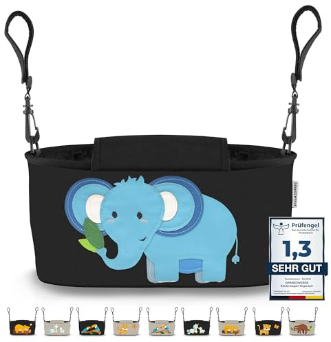 GRINSEZWERGE Borsa per Passeggino - 9 Motivi I Organizer per Carrozzina Neonato I Portaoggetti con Dispenser per Salviette I Universale Organizzatore Bambini colore nero I Bambina Stroller Bag