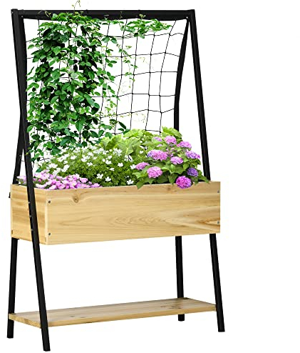 Outsunny Hochbeet mit Rankgitter, Pflanzkasten mit Ablage, Pflanzkübel mit Innenverkleidung aus Vlies, Blumenkasten, für Terrasse, Balkon, Natur, 80 x 30 x 125 cm