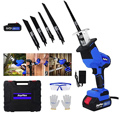 Scie sabre électrique sans fil 21 V, 3 000 tr/min, 4 lames de scie, course de lame de 2,2 cm, profondeur de coupe maximale de 6,6 cm, idéale pour la coupe du bois, du PVC et du métal (avec 1 batterie)