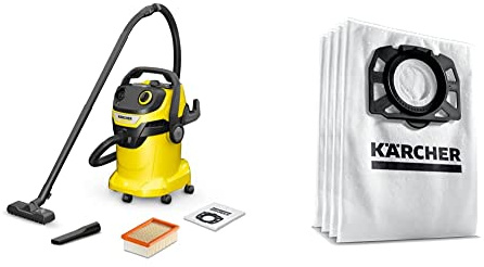 Bundle of Kärcher 16283020 Wet & Dry Vacuum Cleaner WD 5, blower function, power: 1100w, plastic container: 25 L, suction hose: 2.2 m+ Kärcher Original Fleece Filter Bag KFI 487: 4 pieces