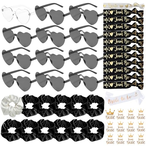 YeahBoom 49 Stück JGA Brille Team Braut Armbänder,Bride to Be Herz Brille Set,12Herz Sonnenbrille+12Bride Tattoo Aufkleber+12Bride Armband,Jungesellinnenabschied Frau Accessoires,JGA Deko Accessoires