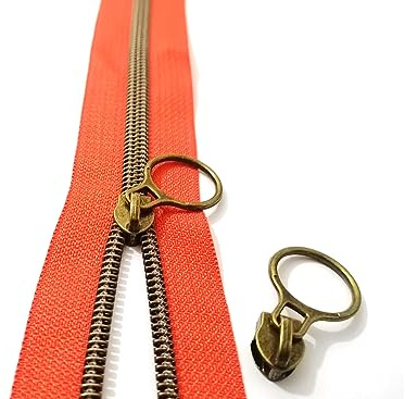 #5 Antique Brass Metallic Nylon Coil Zippers by The Yard Bulk Beige Tape 10 Yards with 20pcs Sliders for DIY Sewing Tailor Craft Bag (Anti-Brass Orange)