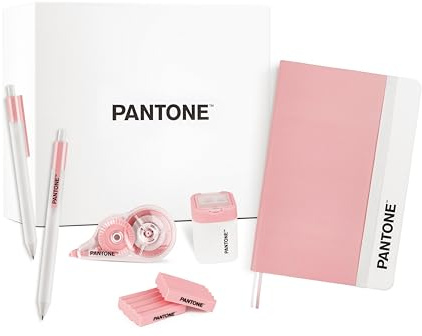 PANTONE™ Pastel Gift Box - Schulsachen mit 2 Schwarzen Kugelschreiber Stiftspitze 0,7 mm, 1 Notizbuch, Radiergummi 2 Stück, 1 Spitzer mit Dose und 1 Korrekturroller 10 Meter, Aesthetic School Stuff