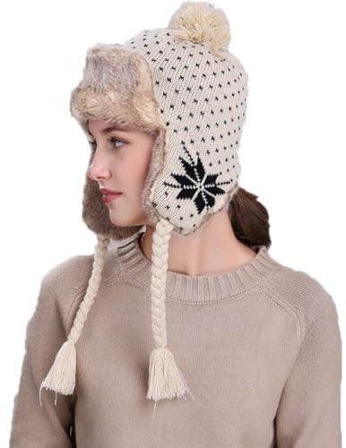 QICHEN Damen Winter Mütze Fliegermütze Trapper Warm Fellmütze Ohrschutzkappe mit Bommeln