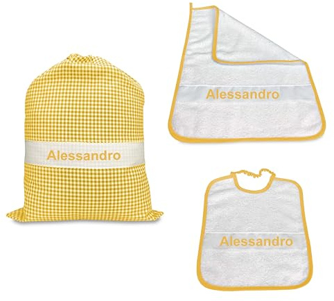 Tex family SET Asilo TRIS Sacco e ASCIUGAMANO e bavaglino A QUADRETTI Personalizzato e RICAMATO - Giallo