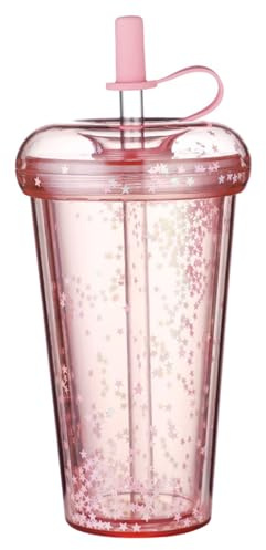 Glitzerbecher doppelwandiger Becher mit Deckel und Strohhalm 420 ml sicherer Isolierbecher mit Strohhalm auslaufsichere Glitzerbecher tragbarer Wasserbecher mit Strohhalm und Deckel für Schule Büro