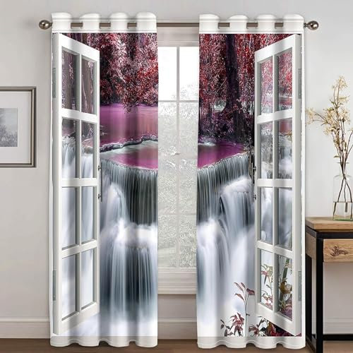 MTBDDyyds Vorhänge Für Kinderzimmer Jungen - 3D Wasserfall Ahornbäume Muster 160X132Cm - Kinderzimmervorhänge Mit Ösen, Verdunkelungsvorhang Gardinen Schals Vorhang Blickdicht