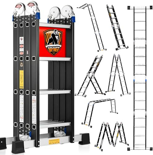 Bryner 7 in 1 Multi-Purpose Ladder Aluminium 14Ft Folding Adjustable Telescoping Step Extension Ladder Meet SGS EN 131 Standard Heavy Duty 330lbs