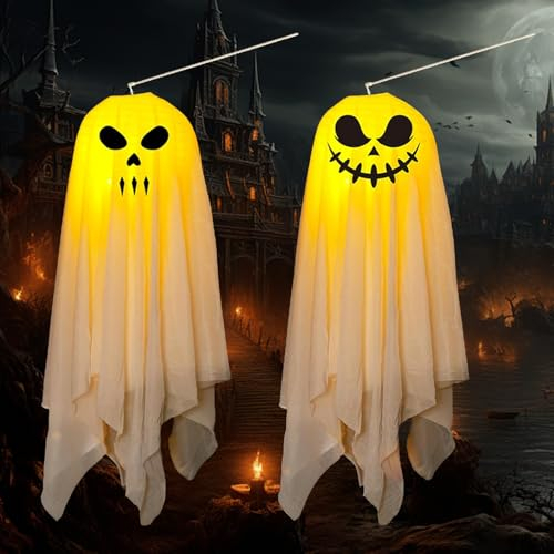 TaimeiMao 2 Stück Halloween Hängende Geister Dekoration, Halloween Geist Deko Hängegeister Vorgarten Fenster Terrasse Hängedekoration Garten Außendekorationen (Weiß)