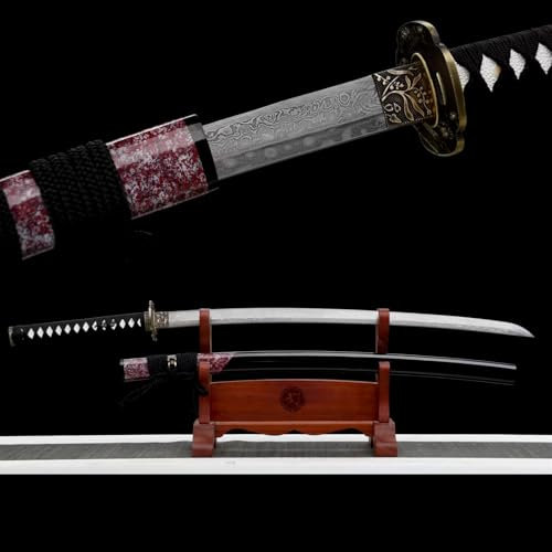 KWXPW Japanisches Samurai-Schwert,von Hand geschmiedet,Stahlklinge mit hundert Schmelzmustern,103 cm echtes Katana für Cosplay,Dekoration,Sammeln,Geschenke,Kendo