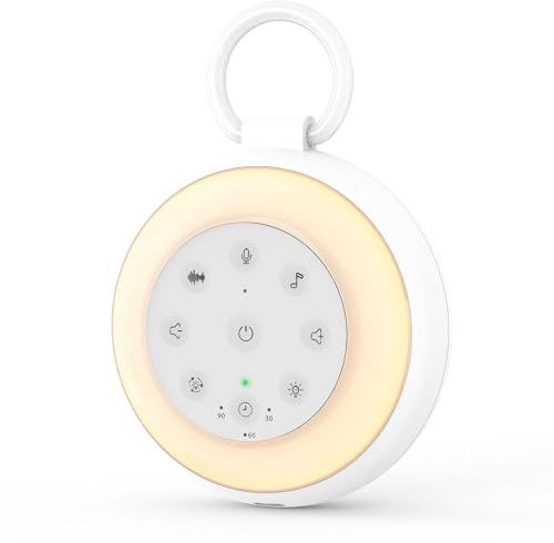 OQIMAX Machine à Bruit Blanc, 24 sons Apaisants avec 8 Lumières Couleur, 15 Niveaux de Volume, Fonction Enregistrement et Minuterie, Machine à Bruit de Sommeil Rechargeable pour Enfant, Maison