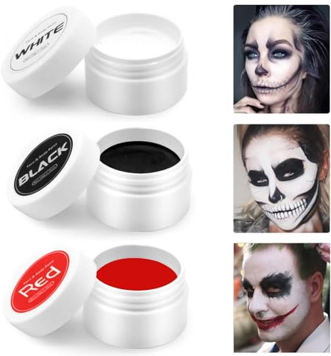 Peinture Visage Noir Blanc Rouge, Noir Blanc Visage Peinture Corps 3 Set, Peinture Corporelle Longue Durée Non Toxique ImperméAble, Maquillage Enfant pour Cosplay,Halloween,Scène,Clown,150ml(50ml/pc)
