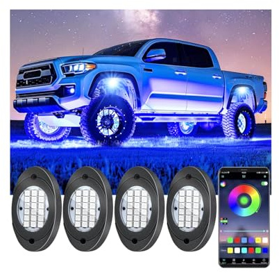 4 Pods RGB LED Rock Lights, Underglow Multicolor Neon Light Kit, Wheel Well Light with APP Control & Music Mode, Under Glow Lights for Trucks,Jeep,SUV,Golf Cart,ATV,Pickup Off Road,12V