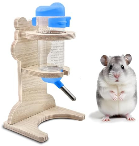 Hamster Trinkflasche Set - 1 Trinkflasche und 1 Massivholzbär Geformte Halterung für Hamster, Meerschweinchen, Kaninchen und Chinchillas (125ml)