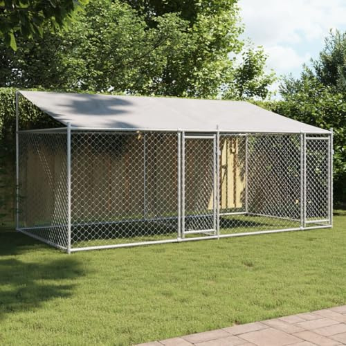 Azzrora Gabbia Cane, Box per Cani da Esterno, Box Cane Esterno, Gabbia per Cani da Esterno con Tetto e Porte Grigia 4x2x2 m in Acciaio Zincato