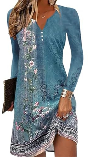 GRMLRPT Robe Bohème Fleurie MiniRobe Tunique Loisir - Imprimé Libre, Manches Longues, Col V (Bleu,L)