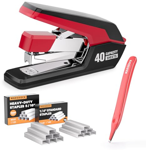 Marsrock Agrafeuse de Bureau Lourd Sans Effort, Capacité 40 Feuilles, Agrafage à 1 Doigt, Ergonomique et Facile à Charger, Comprend 2000 Agrafes et un Dissolvant D'agrafes Magnétique, Rouge